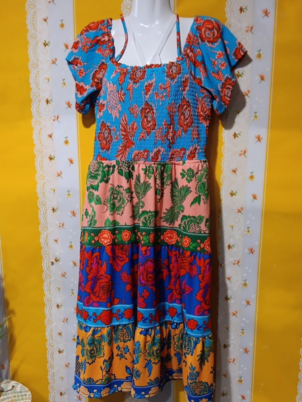 Girls' Floral Tiered Smocked Dress - Blue & Multicolor
